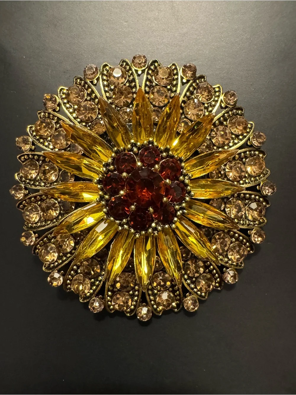 Vintage Autumn Sunflower Rhinestone Brooch